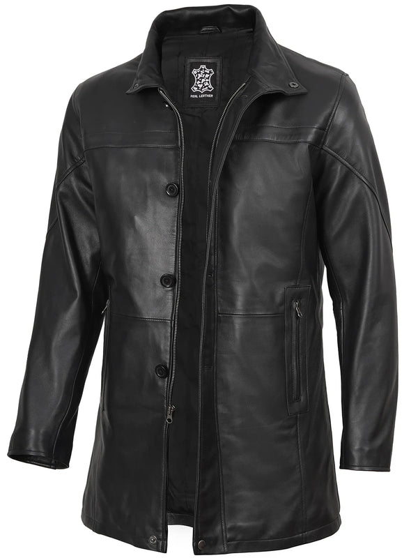 Bristol Men's Real Lambskin Black Leather Car Coat