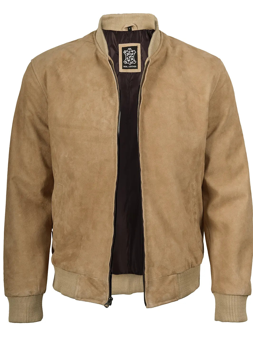 Camel Brown Suede Bomber Jacket For Men