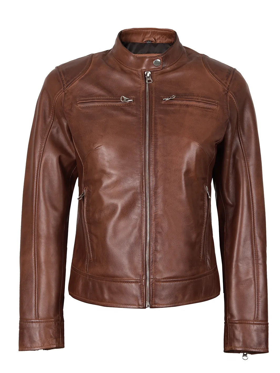 Dodge Cognac Brown Motorcycle Leather Jackets for Womens