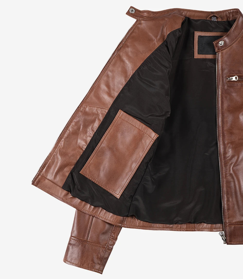 Dodge Cognac Brown Motorcycle Real Leather Jackets for Womens