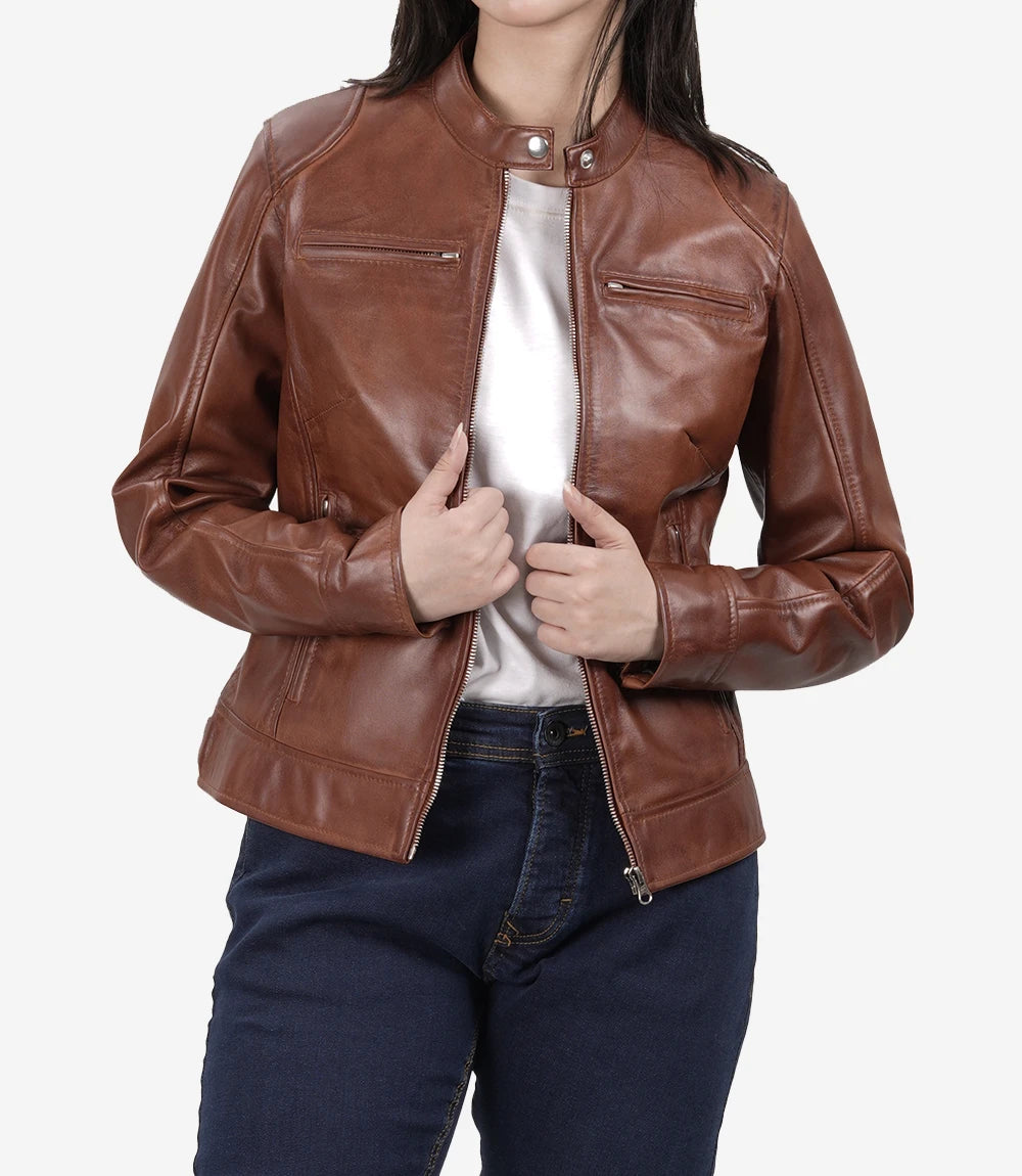 Dodge Womens Cognac Motorcycle Leather Jackets