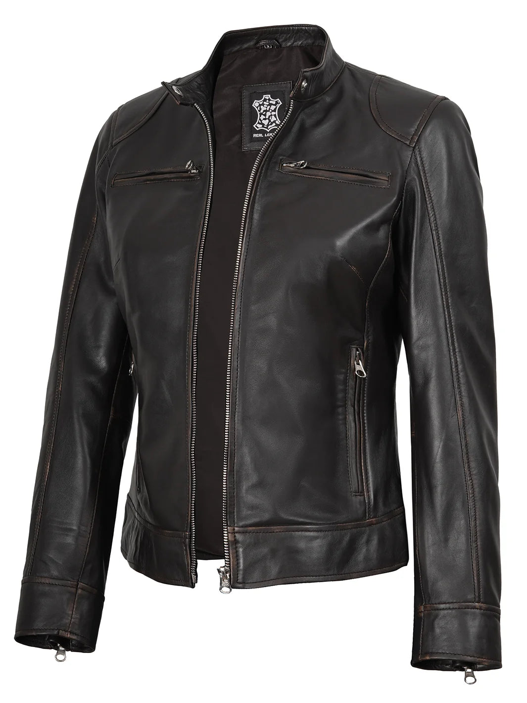 Dodge Womens Rub Off Brown Vintage Leather Jackets