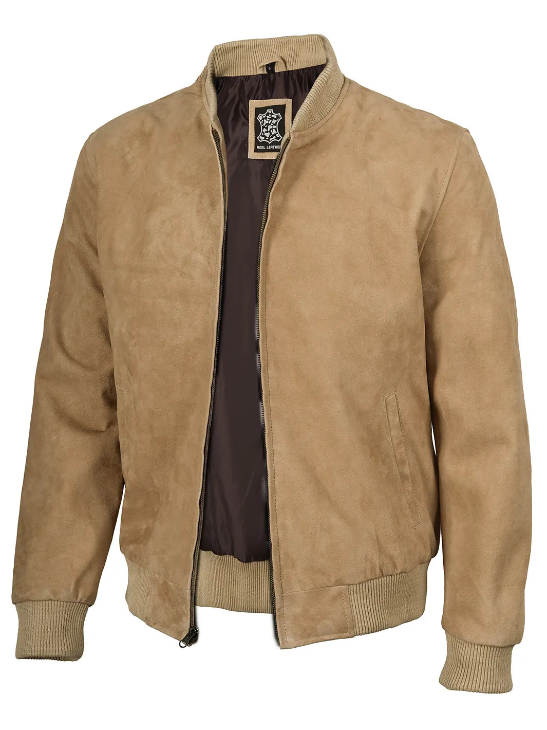 Mens Camel Brown Suede Bomber Jacket