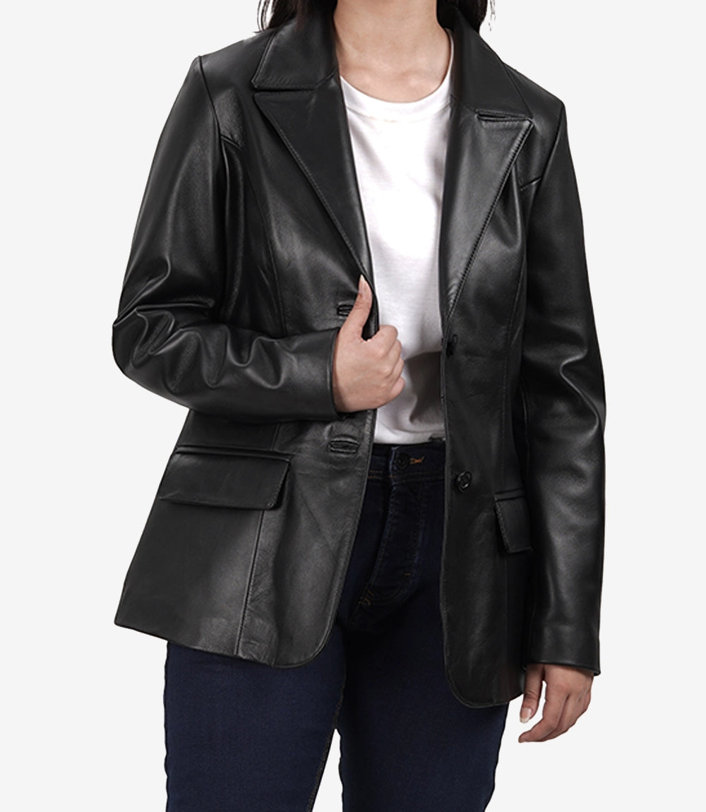 Two Button Black Leather Blazer Jacket