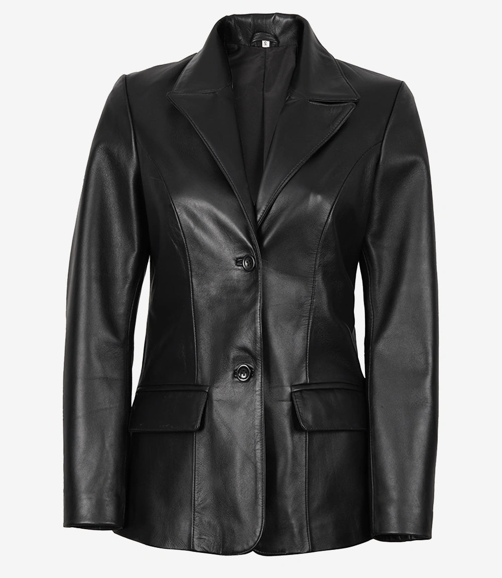 Two Button Black Leather Blazer Jacket Womens