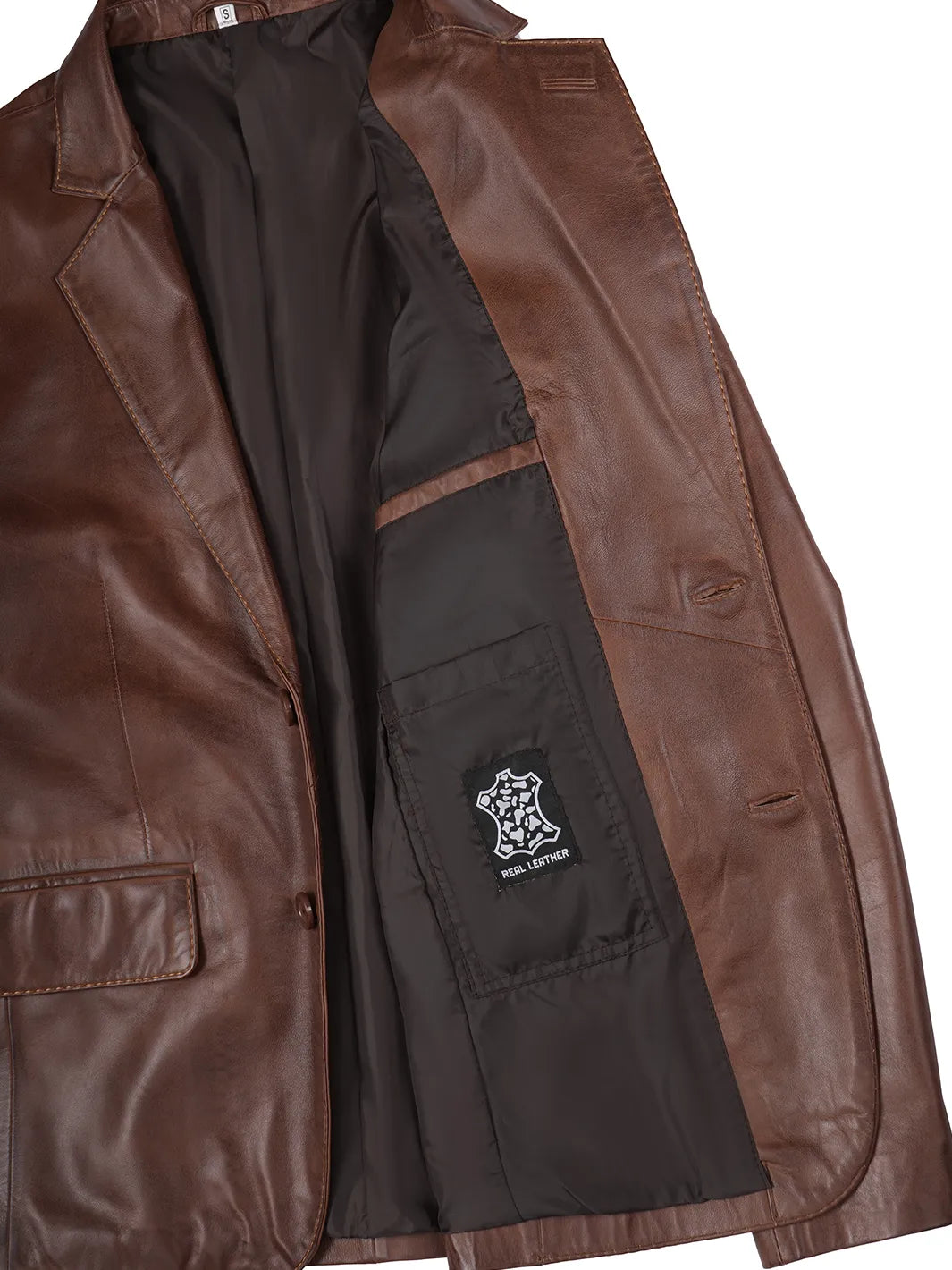 Two Button Tan Brown Real Leather Blazer Features 
